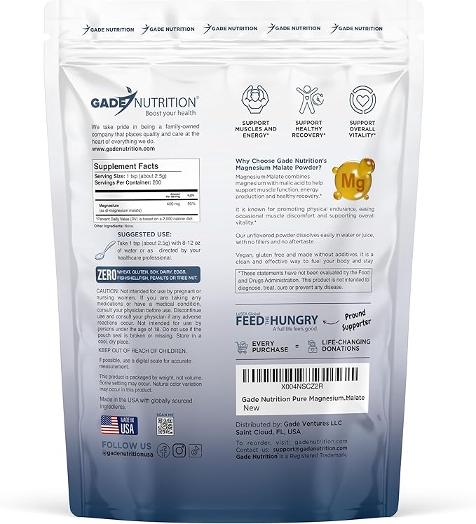 Gade Nutrition Pure Magnesium Malate Powder | Non-GMO Gluten-Free Filler Free Highly Absorbable | USA Made