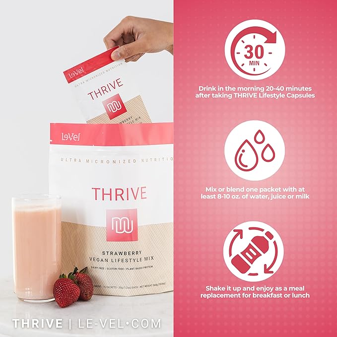 Le-Vel Thrive Vegan Protein Shake | 16 Packets 35g | Gluten-Free Plant-Based Protein with Probiotics Fiber &amp Enzymes | Supports Lean Muscle &amp Digestive Health (16 Packets (Pack of 1) Strawb