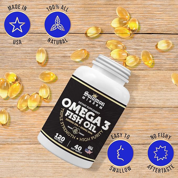 SOLOMON WISDOM Omega 3 Fish Oil - Dietary Supplement for Healthy Heart &amp Brain - 120 Soft Gel Capsules with High EPA 1200mg &amp DHA 900mg - Burpless Odorless with Natural Lemon Flavor