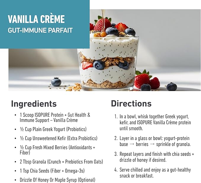 Isopure Protein + Gut Health &amp Immune Support Powder Vanilla Crème 25g Whey Protein with Prebiotics &amp Vitamins 12 Servings (Pack of 1)