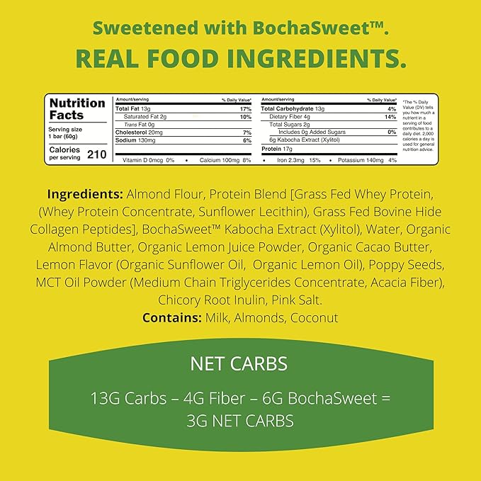 BochaSweet Keto Protein Bar Lemon Poppyseed BochaBar 17g Grass Fed Collagen Low Carb Keto-Friendly Gluten Free 4 Count