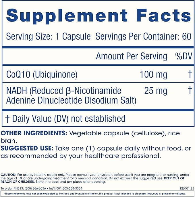 ProHealth NADH + CoQ10 - Boost NAD+ | 60 Day Supply | Pure NADH 25 mg CoQ10 100 mg | 60 Acid Resistant Capsules | Energy | Focus | ATP Production