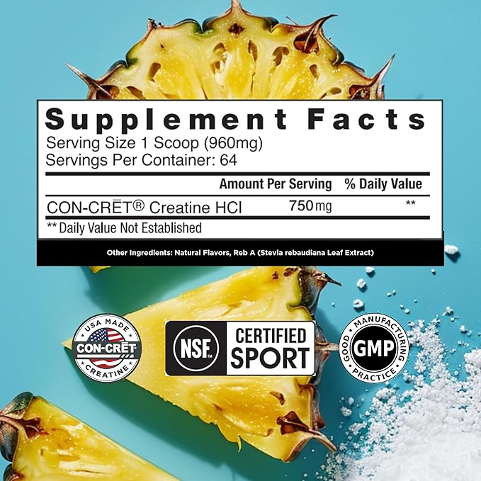 CON-CRET Creatine HCl Powder | Muscle Cognitive Cellular Energy Support | No Bloating or Cramps | USA Made &amp NSF Certified | Pineapple (64 Serving)