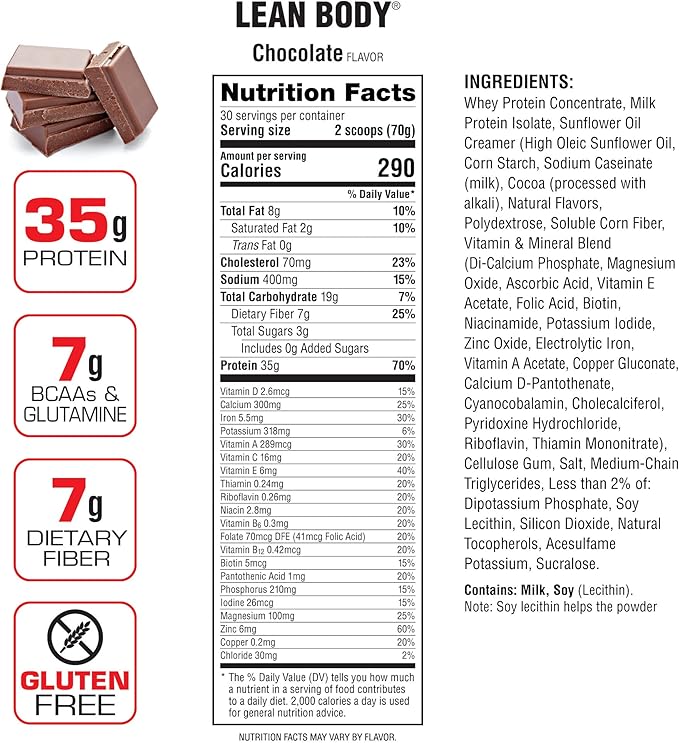 Lean Body All-in-One Chocolate Protein Shake. 35g Protein Whey Blend 7g Healthy Fats &amp Fiber 22 Vitamins and Minerals No Artificial Colors Gluten Free (4.6lb) Packaging May Vary
