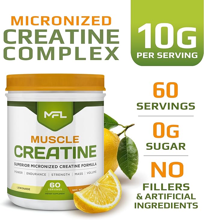 MFL Muscle Creatine | 3 Forms of Micronized Creatine | 10g | 0 Sugar | Sweetened with Stevia | All-Natural | 60 Servings (Lemonade)