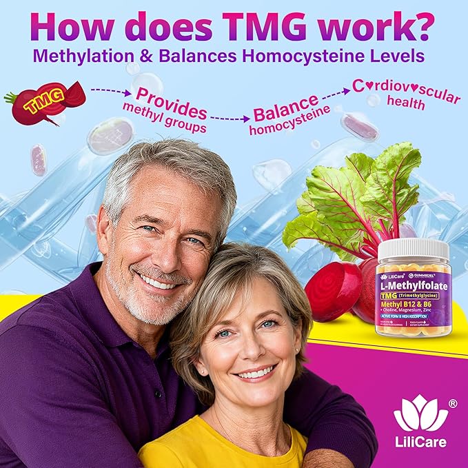 L-MethylFolate 15mg 7.5mg &amp B12 1000 mcg Gummies Methylated B Complex + TMG Magnesium Choline - Active 5-MTHF(B9) + Methyl B12 B6 Multivitamin - Support Methylation Cognition Mood Sugar Fr