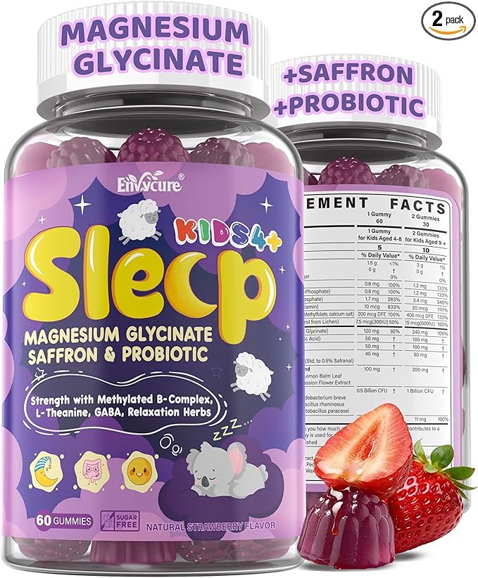 Kids Sleep Gummies - Magnesium Glycinate Saffron for kids w/ Vitamin B6 D3 L-Theanine GABA Chamomile Methylate B12 for Peaceful Sleep Relax Brain &amp Muscle Bedtime Unwind Melatonin Free120