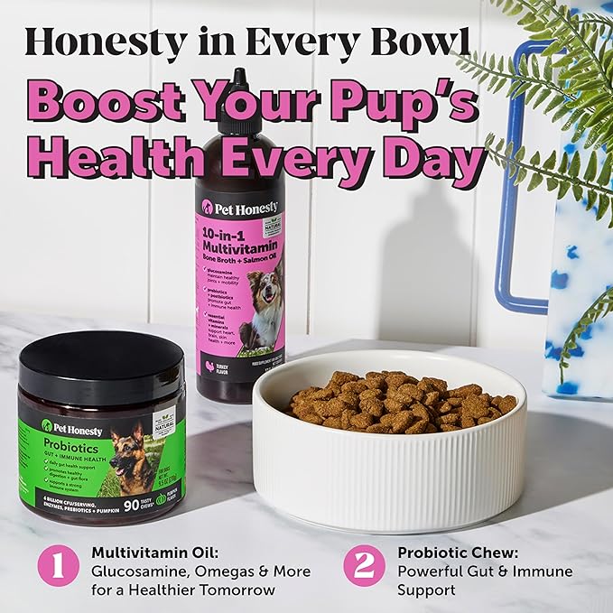 Dog Multivitamin Supplement with Salmon Oil for Dogs - Allergy Itch Relief Digestion Skin &amp Coat Health Liquid Supplement - Dog Food Topper Bone Broth with Prebiotics (12 oz)
