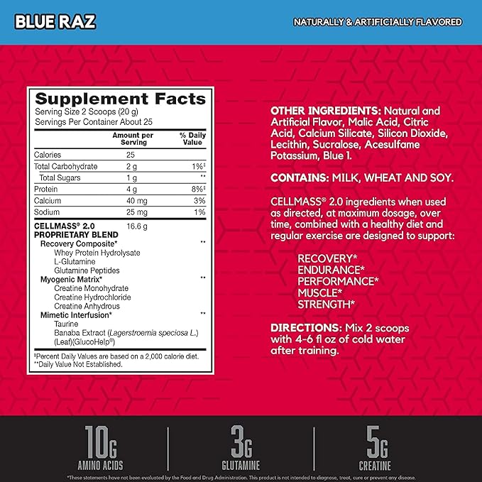 BSN CELLMASS 2.0 Post Workout Recovery with BCAA Creatine &amp Glutamine - Keto Friendly - Blue Raz (25 Servings)