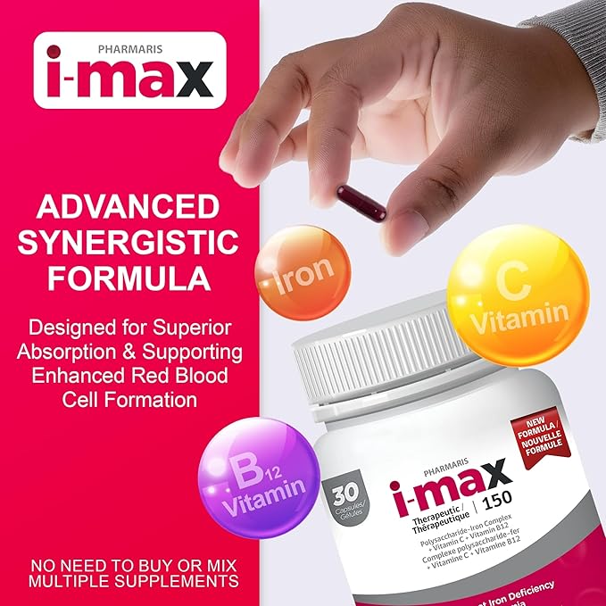 i-max Iron Supplement 150 mg Vitamin C 250 mg &amp B12 1000 mcg Iron Supplement for Women &amp Men No Artificial Dyes Vegan Once Daily 30 Capsules