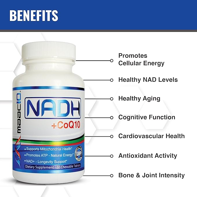 MAAC10 NADH + CoQ10 Supplement | Great Tasting Chewable Tablets | 50mg PANMOL® NADH + 100mg CoQ10 | for Fatigue Energy and Mental Focus | NAD+ Supplement (60 Tablets 2 per Serving)