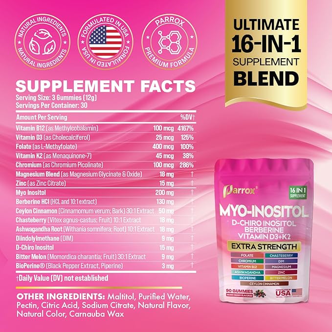 Myo-Inositol &amp D-Chiro Inositol Gummies with Berberine Vitamins D3+K2 B12 Folate Zinc Magnesium Ashwagandha Chasteberry Bioperine DIM - 16 in 1 Supplement - Mixed Berry Flavor - 90 Gummie