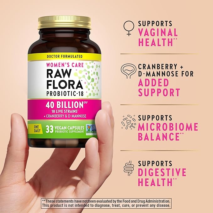 Raw Flora Women's Probiotics | Dr. Formulated 40 Billion CFU + Prebiotics | Digestive Vaginal &amp Urinary Support | 33 Vegan Capsules with Cranberry &amp D-Mannose | Shelf Stable