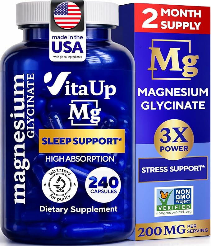 Magnesium Glycinate 200mg - USA Made Highly Absorbed Non-GMO Magnesium for Relaxation Deep Sleep Bones &amp Heart - 200mg per Serving 240 Vegan Capsules