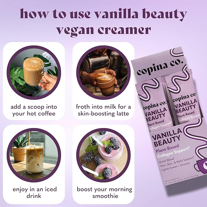 Copina Co. Vanilla Beauty Vegan Collagen Booster Creamer: Plant Based Collagen Support Smoothie Drink Vegan Blend Variety Pack | Vanilla Flavor | 10 Individual Stick Packs per Carton