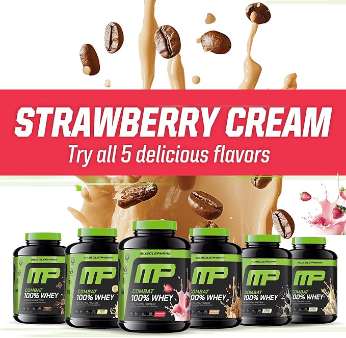 MusclePharm Combat 100% Whey Protein Powder Strawberry Cream Flavor Fast Recovery &amp Muscle Gain with Whey Protein Isolate High Protein Powder for Women &amp Men Gluten Free 5 lb 70 Servings