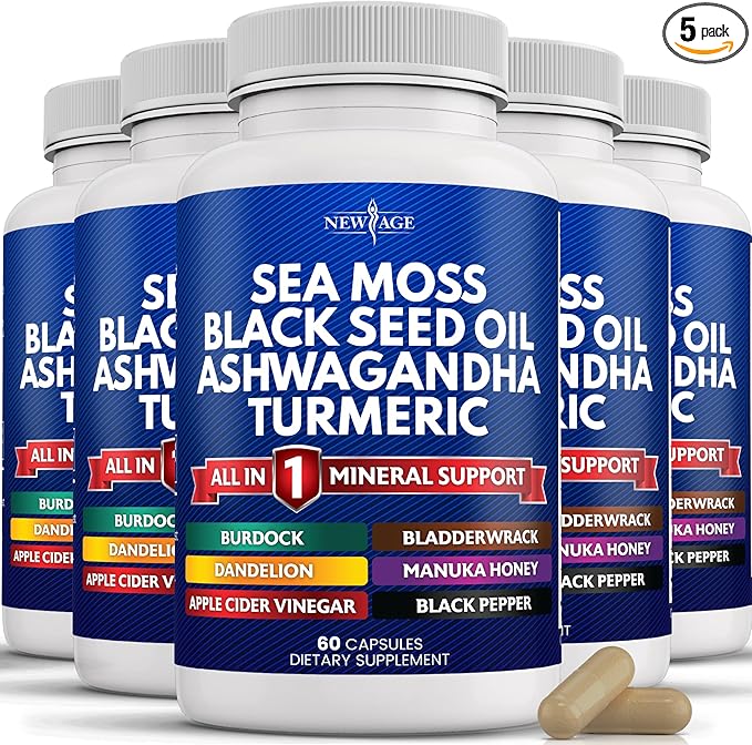 NEW AGE Sea Moss Black Seed Oil Ashwagandha Turmeric Bladderwrack Burdock - with Manuka Honey Dandelion ACV Black Pepper Gluten Free
