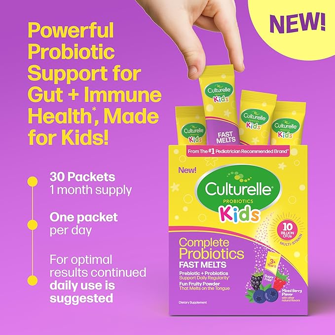 Culturelle® Kids Complete Probiotics Fast Melts Mixed Berry Flavor 30 Count Sugar Free‡ Prebiotic + Probiotic Powder for Digestive and Immune Health Supports Daily Regularity *