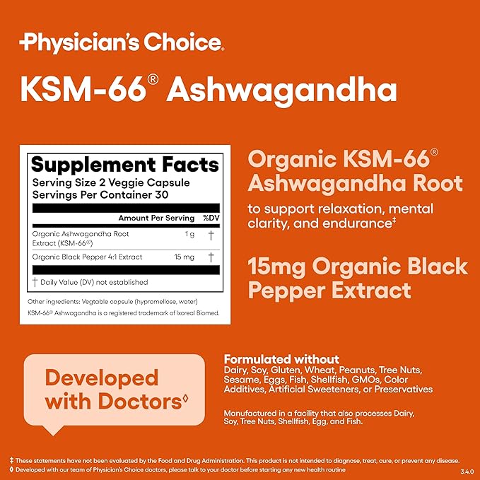 Physician's CHOICE KSM-66 Ashwagandha Root Powder Extract 1000mg - Organic - with Black Pepper for Maximum Absorption - 5% Withanolides - Stress Mood &amp Athletic Support - 60 Vegan Capsules