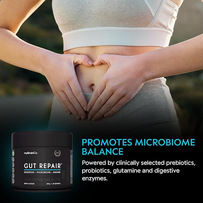 myBrainCo. Gut Repair – Gut Health &amp Digestion Support Powder for IBS Bloating Reflux &amp Leaky Gut – Low FODMAP Certified with Probiotics Prebiotics Enzymes &amp Glutamine – 310g
