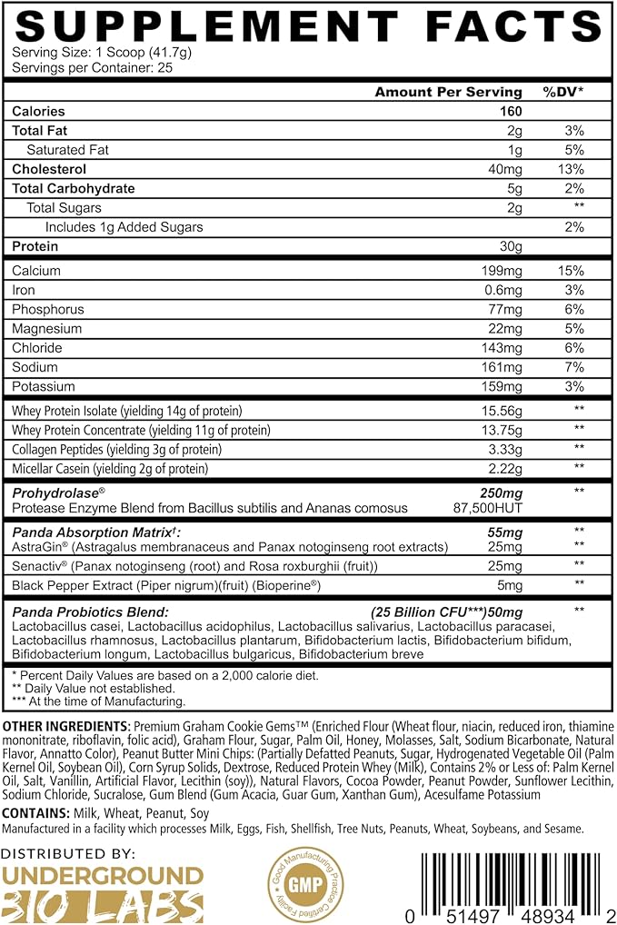 Panda Fuel Premium Protein WheyHydrolyzed CollagenCaseinProbiotics Enzymes Keto FriendlyTime Release 25 Servings (2.5 Pound Chocolate Peanut Butter Crumble) (with inclusions)
