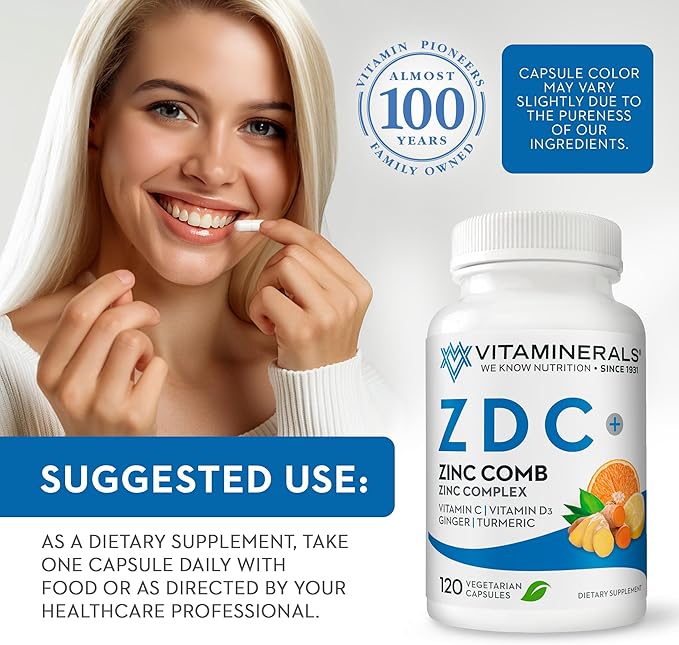 Vitaminerals® Z D C Zinc Complex 50mg | Vitamin D3 250mcg | Vitamin C 500mg | Ginger | Lysine | Turmeric | Vegetarian Capsules| 120 Servings