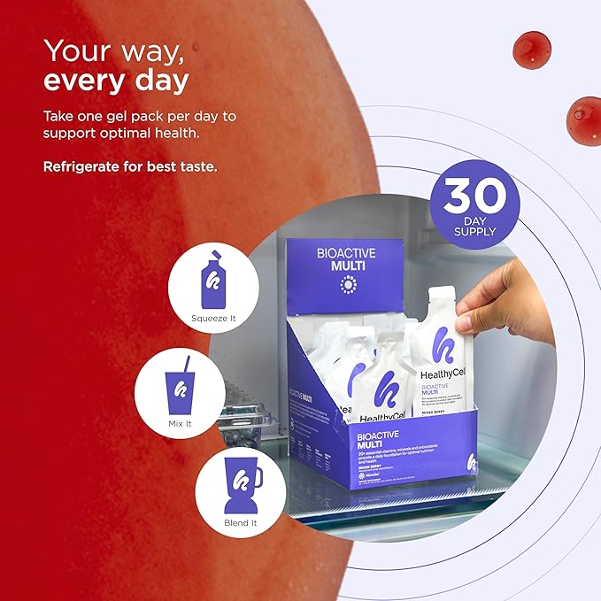 Healthycell Bioactive Daily Liquid Multivitamin for Men &amp Women – 20+ Essential Vitamins Minerals &amp Antioxidants for Brain Heart Immunity Energy Skin &amp Hair Support - 30 Gel Packs