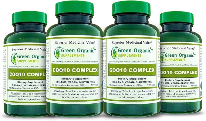 Green Organic Supplements Coq 10 Complex Ubiquinone 90 VCaps High Absorbable Non-GMO Gluten-Free (Pack of 4)