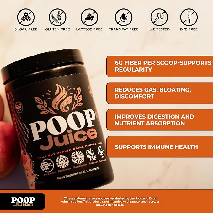 Poop Juice 5-in-1 Daily Fiber Supplement Powder - Bloat &amp Poop Relief - Prebiotic Probiotic Postbiotic Digestive Enzymes L-Glutamine - GLP-1 Support - Sugar-Free Strawberry Lemonade (30 Servin