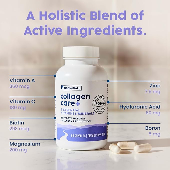 NativePath Collagen Care+ 5 Vitamin Blend with Hyaluronic Acid and Boron that Supports Collagen for Men and Women 60 Capsules
