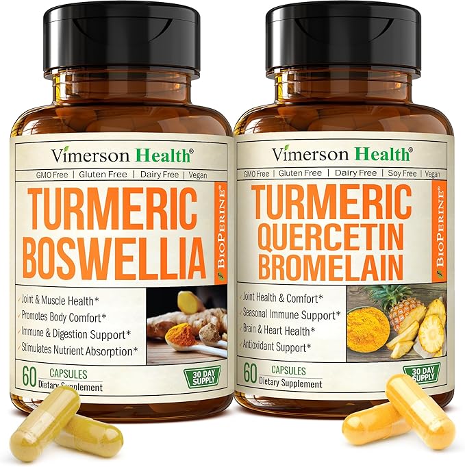 Boswellia Turmeric Curcumin Supplement + Quercetin with Bromelain Bundle – Allergy Relief Joint Health &amp Immune Support – with Ginger Root Organic Turmeric Powder Black Pepper (Bioperine)