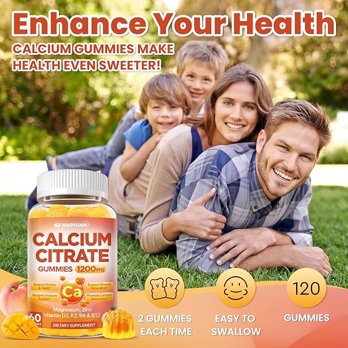 Calcium Citrate Gummies - 1200mg Calcium Gummies Supplements for Women &amp Men with Vitamin D3 K2 Magnesium Zinc High Absorption for Bone Muscle &amp Immune Support Peach &amp Mango Flavor 1