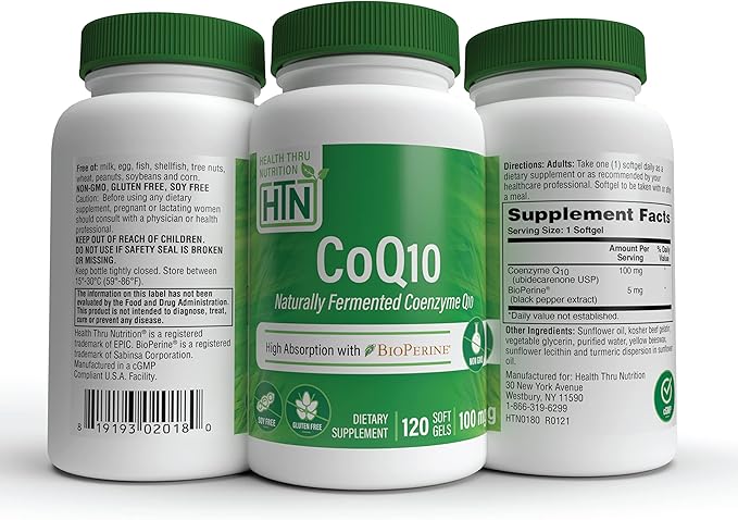 Health Thru Nutrition CoQ-10 100mg with BioPerine (Pack of 3X 120 Softgels) | High Absorption Naturally Fermented USP Grade Coenzyme Q10 | 3rd Party Tested | Heart Health and Energy Support