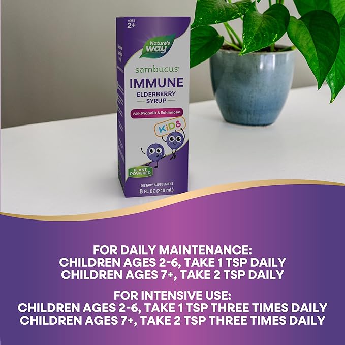 Nature's Way Sambucus Elderberry Immune Syrup for Kids Ages 2+Echinacea &amp Propoliswith Superfood Antioxidants(1)Immune Support Syrup*VegetarianBerry Flavored8 Fl Oz(Pack of 2)