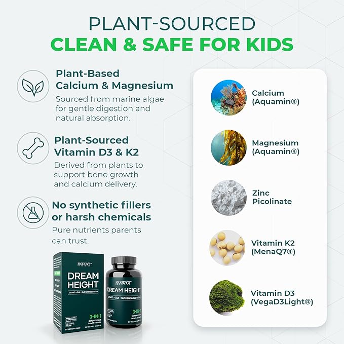 DREAM HEIGHT Natural Growth Supplement Support Bone Strength Immune Sleep Support Clinically Studied Ingredients Physician Reviewed Formula 120 Small Easy Swallow Capsules for Kids &amp Teens