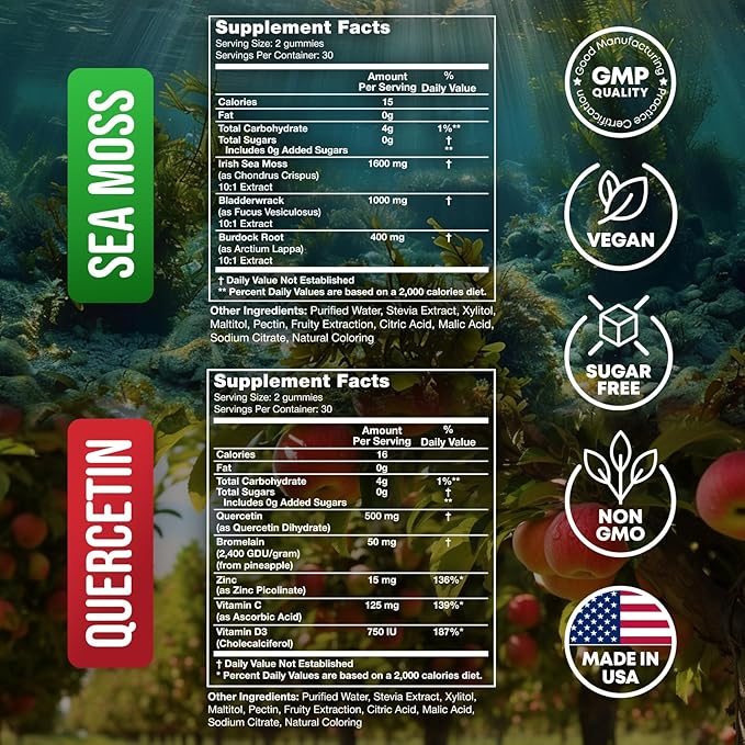 Quercetin Gummies + Irish Sea Moss Gummies - Immune Support Gummies - Irish Sea Moss Bladderwrack Burdock Root &amp Quercetin with Vitamin C - 60 Seamoss Gummies 60 Quercetin with Zinc Gummies