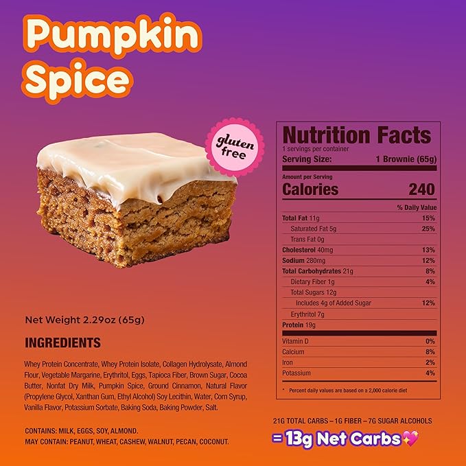 Prime Bites High Protein Brownie (12 Per Box Glazed Pumpkin Spice) - 19g of Protein 5g of Collagen Gluten Free Low Sugar Treat Delicious Protein Snack