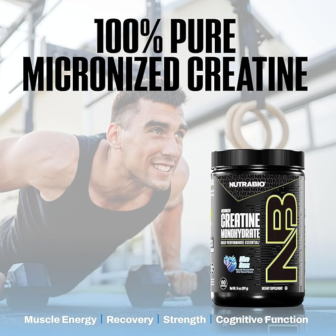 NutraBio Pure Micronized Creatine Monohydrate Powder Supplement Blue Razz (300 g) - Supports Bulk Muscle Energy Recovery and Strength - HPLC Tested Creatine Powder Supplement for Men and Women