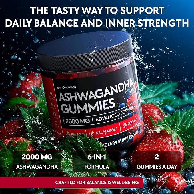Ashwagandha Gummies – 120 Count - 2000 MG Ashwagandha Supplements with L-Theanine GABA Magnesium Zinc &amp Vitamin D3 – Sugar-Free Vegan Non-GMO–Natural Support for Balance