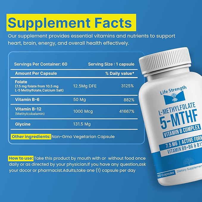 L-Methylfolate 7.5mg + Vitamin B Complex - 5-MTHF B6 &amp B12 Methylcobalamin - 60 Capsules - Professional Strength Active Methyl Folate - Non GMO Gluten Free No Fillers (2-Month Supply)
