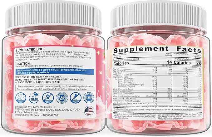 Kids Omega 3 Gummies for 4+ with DHA Vitamins D3 K2 C B6 Methyl B12 Luetin &amp PS No Fish Taste Sugar Free Omega 3 Fish Oil Alternative for Children for Brain Bone Eyes Focus Immunity 60Cts