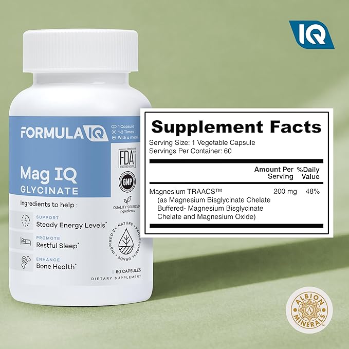 Formula IQ - Mag IQ Glycinate - Magnesium Bisglycinate Chelate TRAACS - High Absorption Magnesium Glycinate Supplement - Sleep Daily Energy &amp Bone Wellness - 60 Capsules