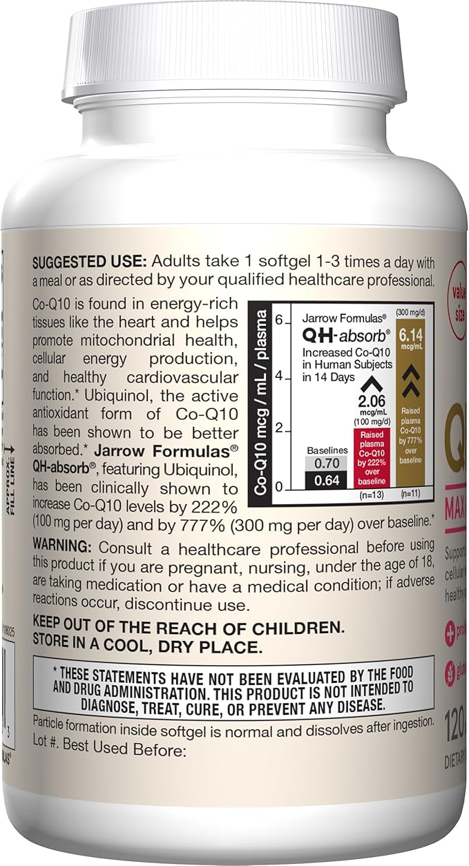 Jarrow Formulas QH-Absorb Ubiquinol 100mg - 120 Softgels - High Absorption &amp Active Antioxidant Form of Co-Q10 - Supports Mitochondrial Energy Production &amp Healthy Cardiovascular Function