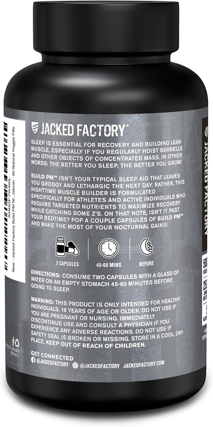 Jacked Factory Build PM Night Time Muscle Builder &amp Sleep Aid - Post Workout Recovery &amp Sleep Support Supplement w/VitaCherry Tart Cherry Ashwagandha &amp Melatonin - 60 Natural Veggie Pill