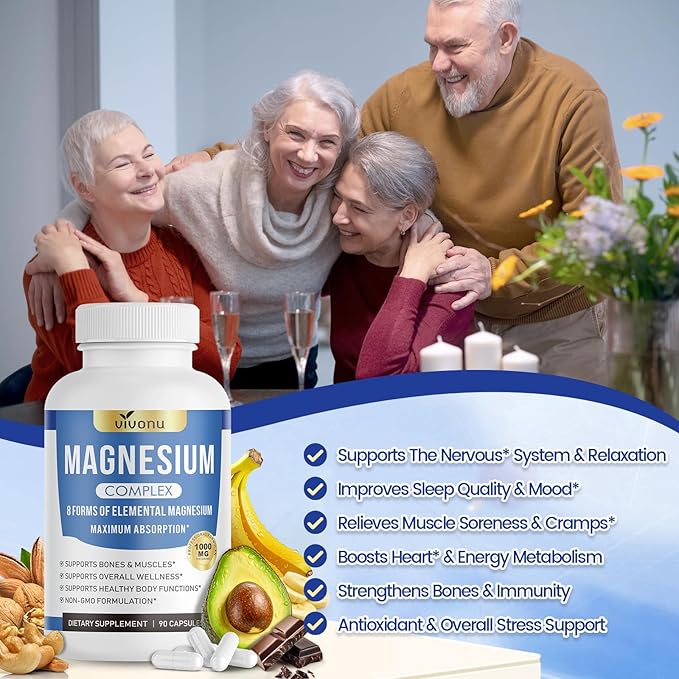 Magnesium Complex 1000mg – 8 Forms of Elemental Magnesium for Superior Absorption – Supports Muscle Recovery Bone Health &amp Nervous System Function – Non-GMO 90 Capsules