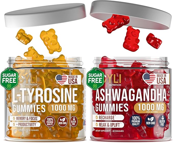 Joyli L-Tyrosine + Ashwagandha Gummies – Focus Memory &amp Mental Clarity Support – Vegan Formula with Vitamin C &amp Zinc – 2 Pack for Adults &amp Kids