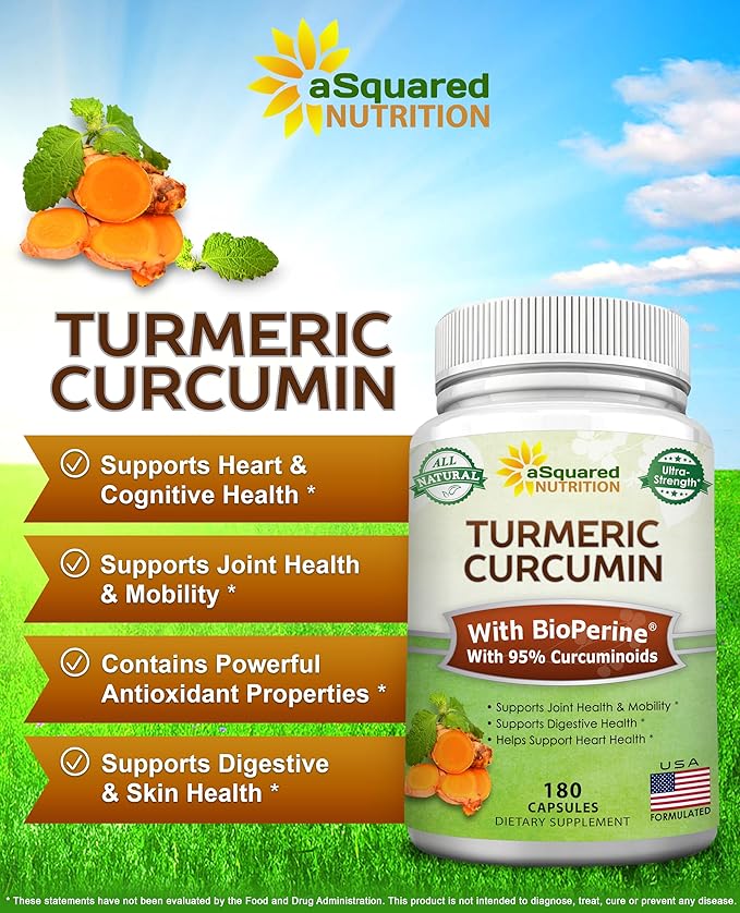 aSquared Nutrition Turmeric Curcumin 1300mg with BioPerine Black Pepper Extract - 180 Capsules - with 95% Curcuminoids 100% Natural Tumeric Root Powder Supplements Pure &amp Joint Stiffness Pills