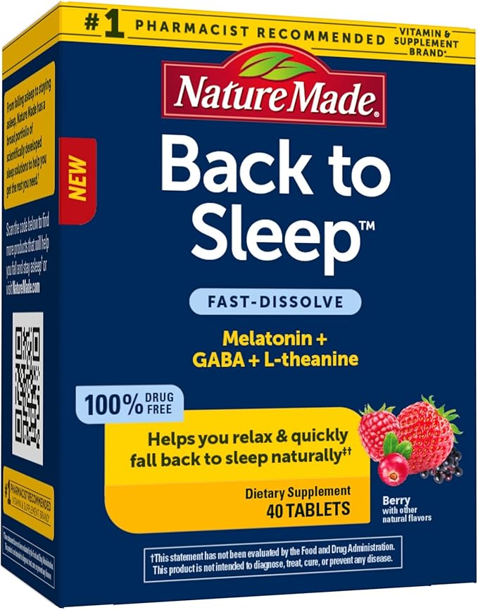 Nature Made Back to Sleep Melatonin Fast-Dissolve Helps You Fall Back to Sleep Naturally L-Theanine and GABA to Help Relax and Calm Your Mind 40 Tablets