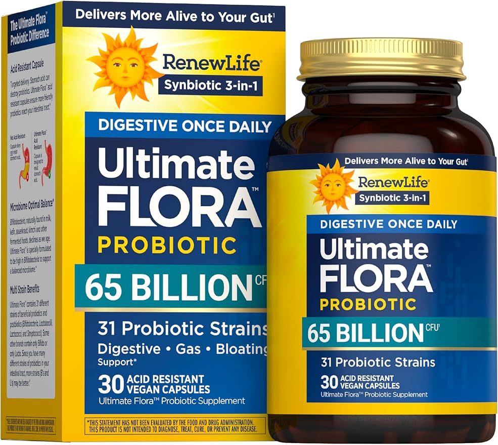 Renew Life Digestive Ultimate Flora Probiotics 65000000000 CFU Delayed Release Vegan Capsules | Once Daily | Digestive Health | Immune Health | Dairy Free | 30 Count