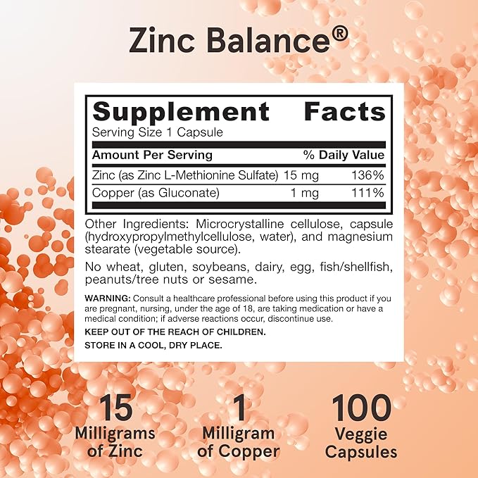 Jarrow Formulas Zinc Balance 15 mg - 100 Servings (Veggie Caps) Includes Copper Essential Mineral for Immune System Support - Immune Support Supp - Gluten Free Zinc Copper Supp - Vegan Pack of 12